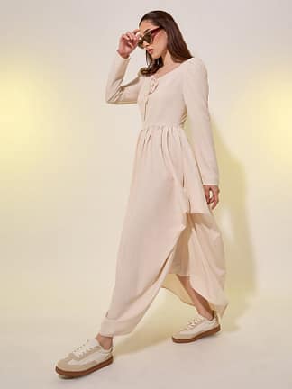 Solid Puff Sleeves Asymmetric Hem A-Line Maxi Dress نسائي أنيق من Take Two