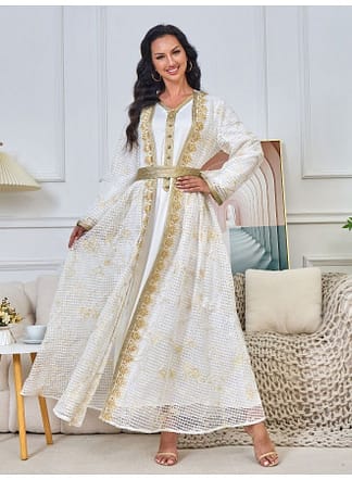 عباءة بيضاء طويلة الأكمام بتصميم V - مدام يونيك