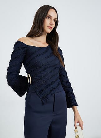 Dark Blue Textured One-Shoulder Top أنيق من Take Two
