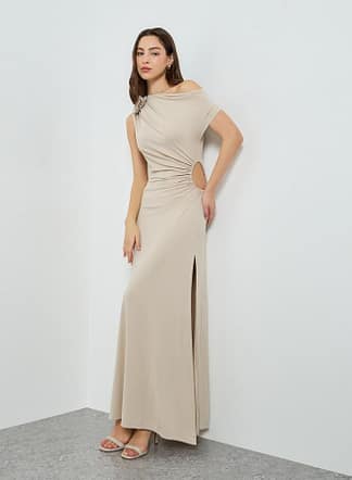 Women Beige One Shoulder Neck Bodycon Maxi Dress نسائي أنيق من Take Two
